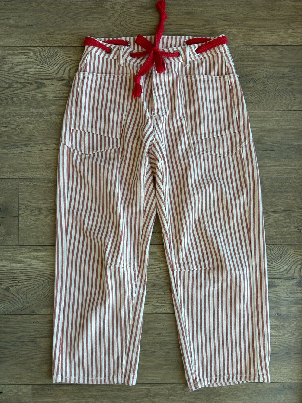 Aaron & Amber Red Striped Drawstring Barrel Jeans